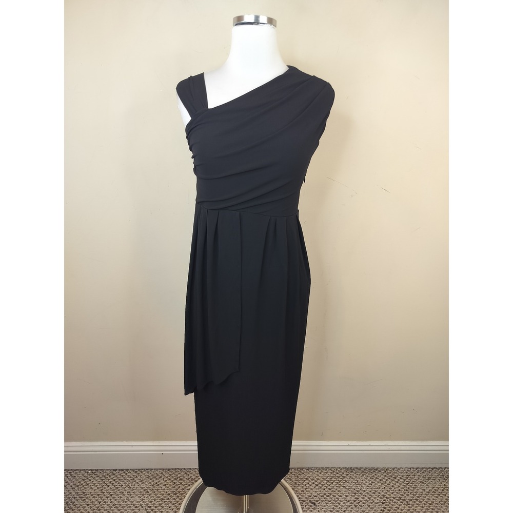 Hugo Boss Midi Cocktail Dress Small Asymmetric Draped Pleated Formal Black